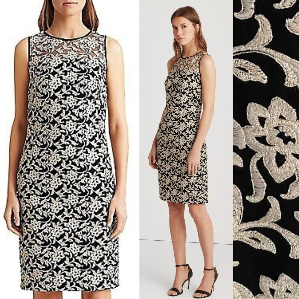 Lauren Ralph Lauren Black Champaign Metallic Sheath Cocktail Dress 35045